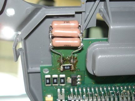 Close-up of the new resistors in place.