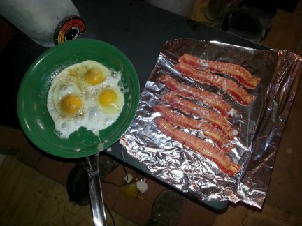 Cooking breakfast on my wood stove.
